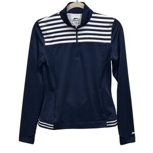 Slazenger Womens Golf Pullover 1/4‎ Zip Navy White Stripe Athletic Top PocketsXS